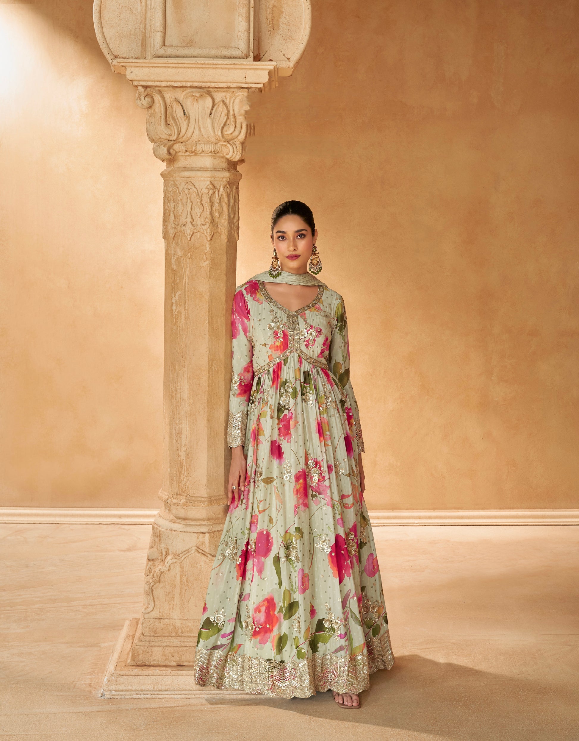 Mint Green Floral Embroidered Gown in Chinon Silk with Dupatta