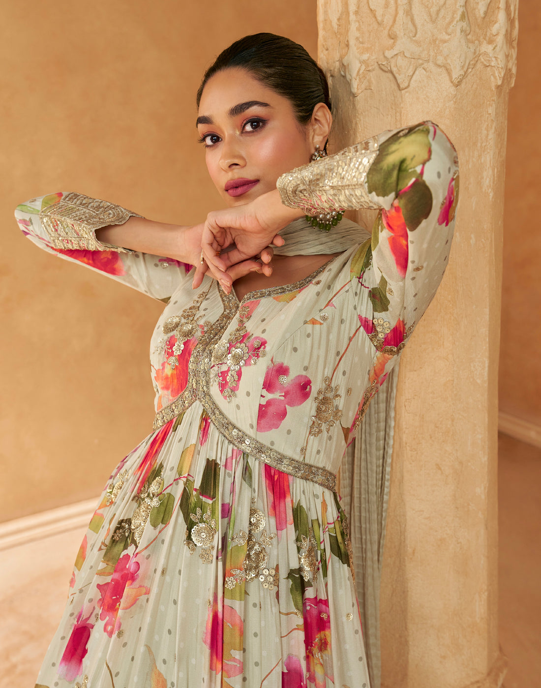 Mint Green Floral Embroidered Gown in Chinon Silk with Dupatta