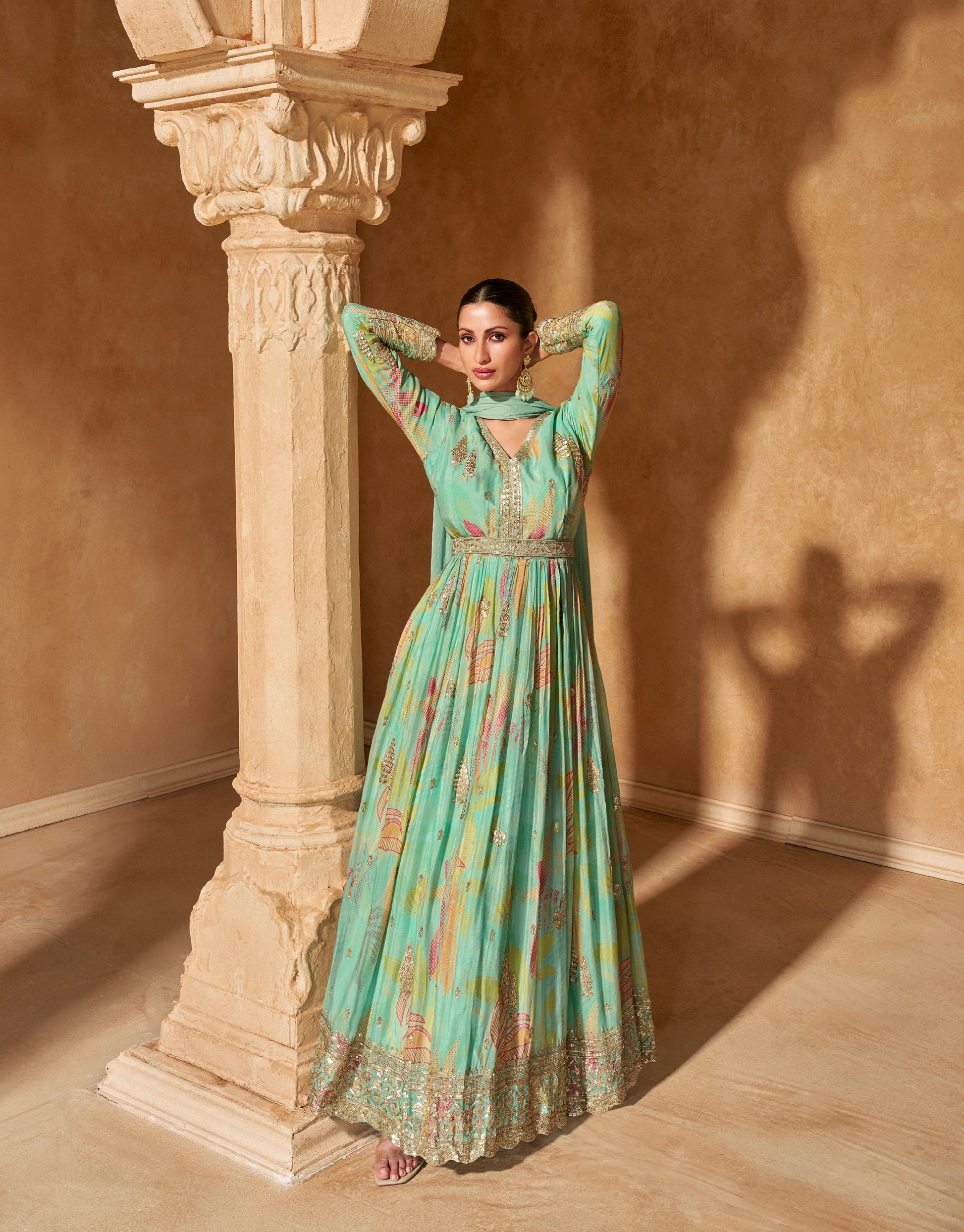 Seafoam Green Embroidered Gown with Premium Chinon Silk & Dupatta