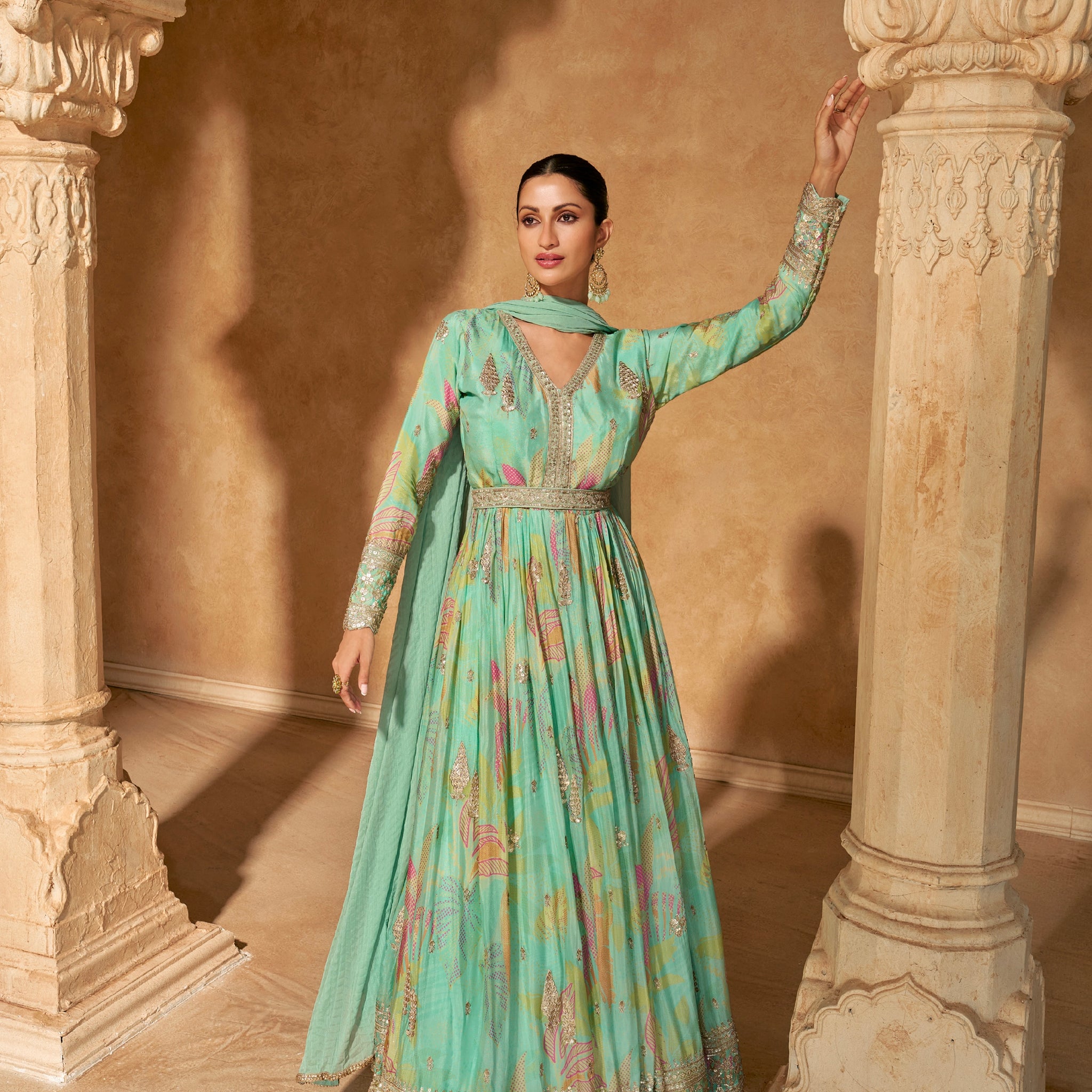 Seafoam Green Embroidered Gown with Premium Chinon Silk & Dupatta