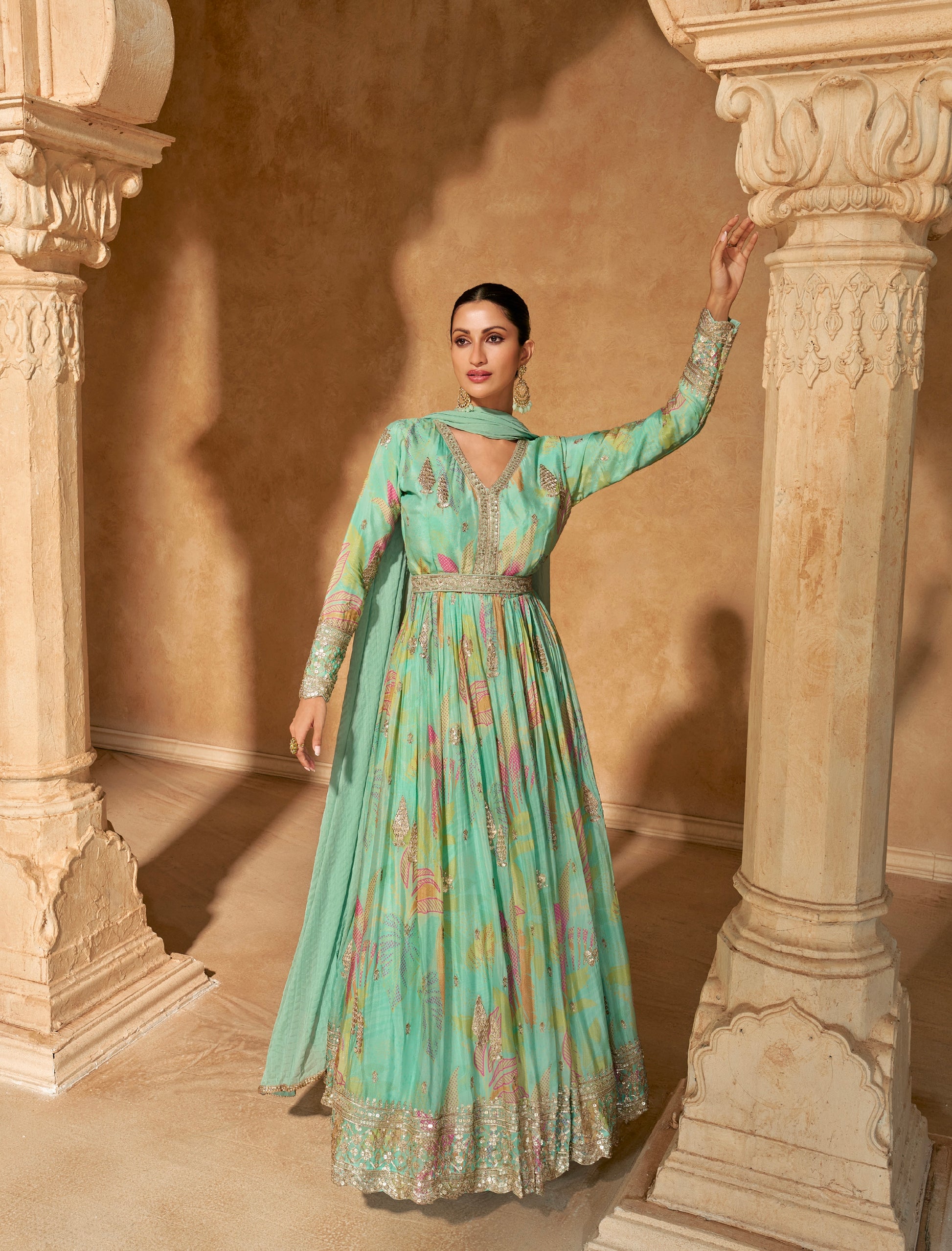 Seafoam Green Embroidered Gown with Premium Chinon Silk & Dupatta