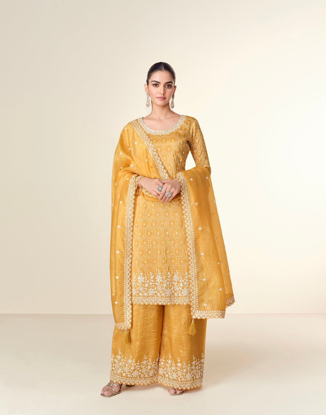 Mustard Yellow Premium Tissue Crush Palazzo Suit with White Embroidery