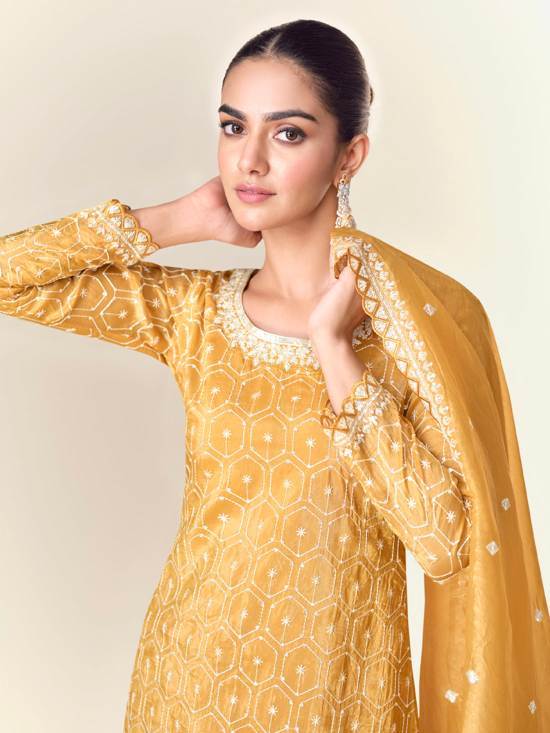 Mustard Yellow Premium Tissue Crush Palazzo Suit with White Embroidery