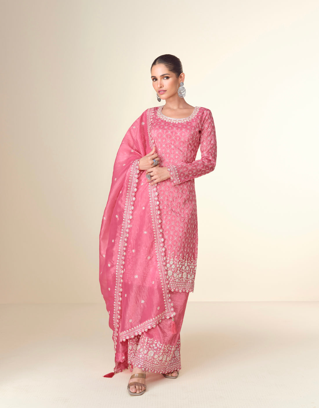 Rose Pink Premium Tissue Crush Palazzo Suit with White Embroidery