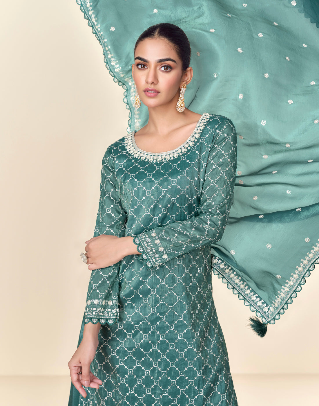 Teal Green Premium Tissue Crush Palazzo Suit with White Embroidery