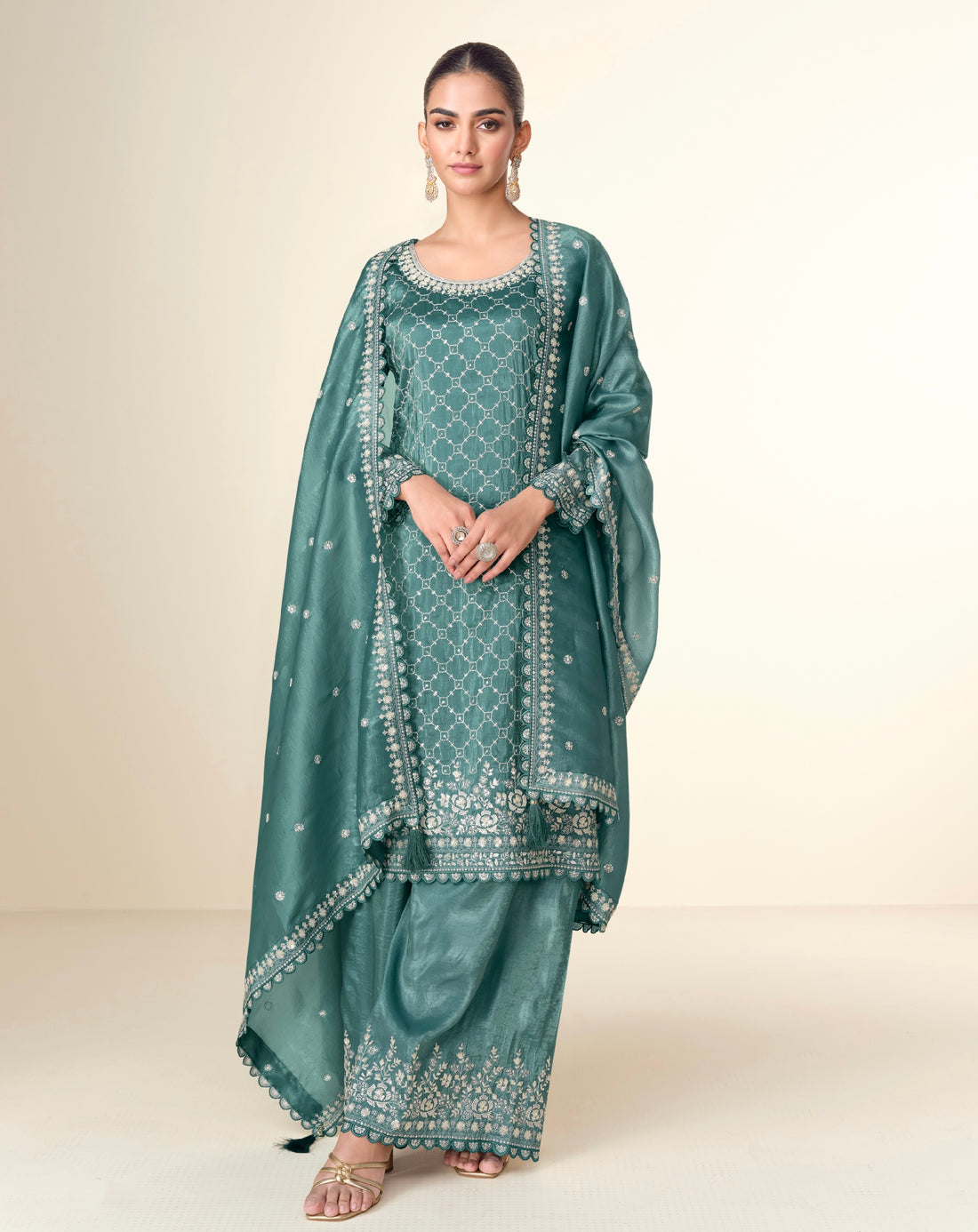 Teal Green Premium Tissue Crush Palazzo Suit with White Embroidery