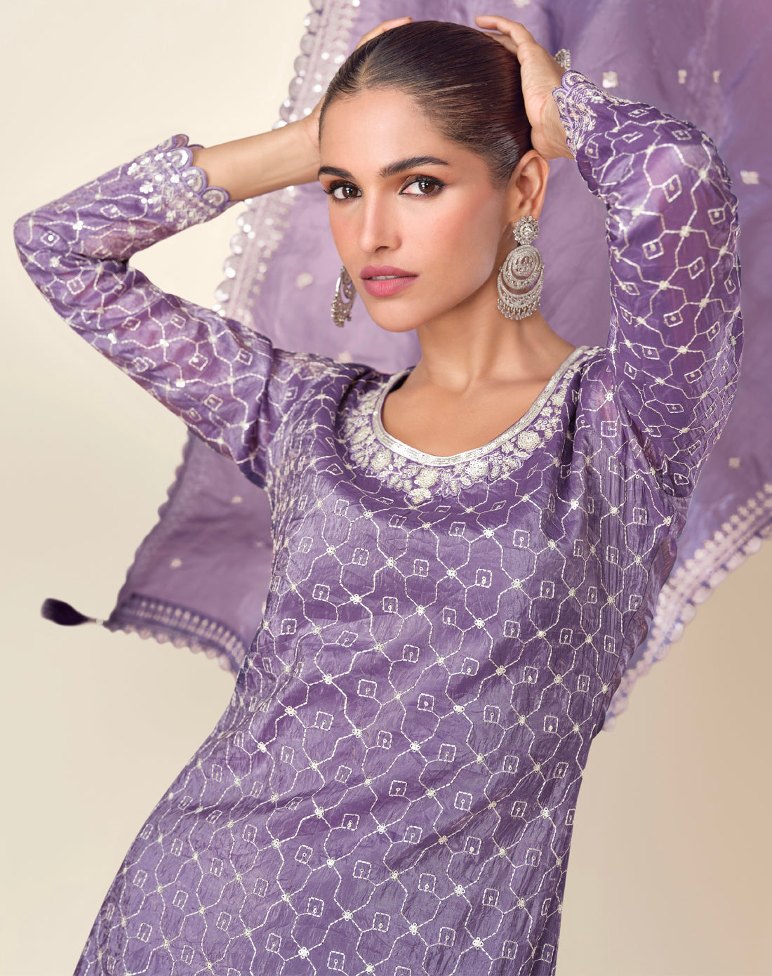 Lavender Premium Tissue Crush Palazzo Suit with White Embroidery