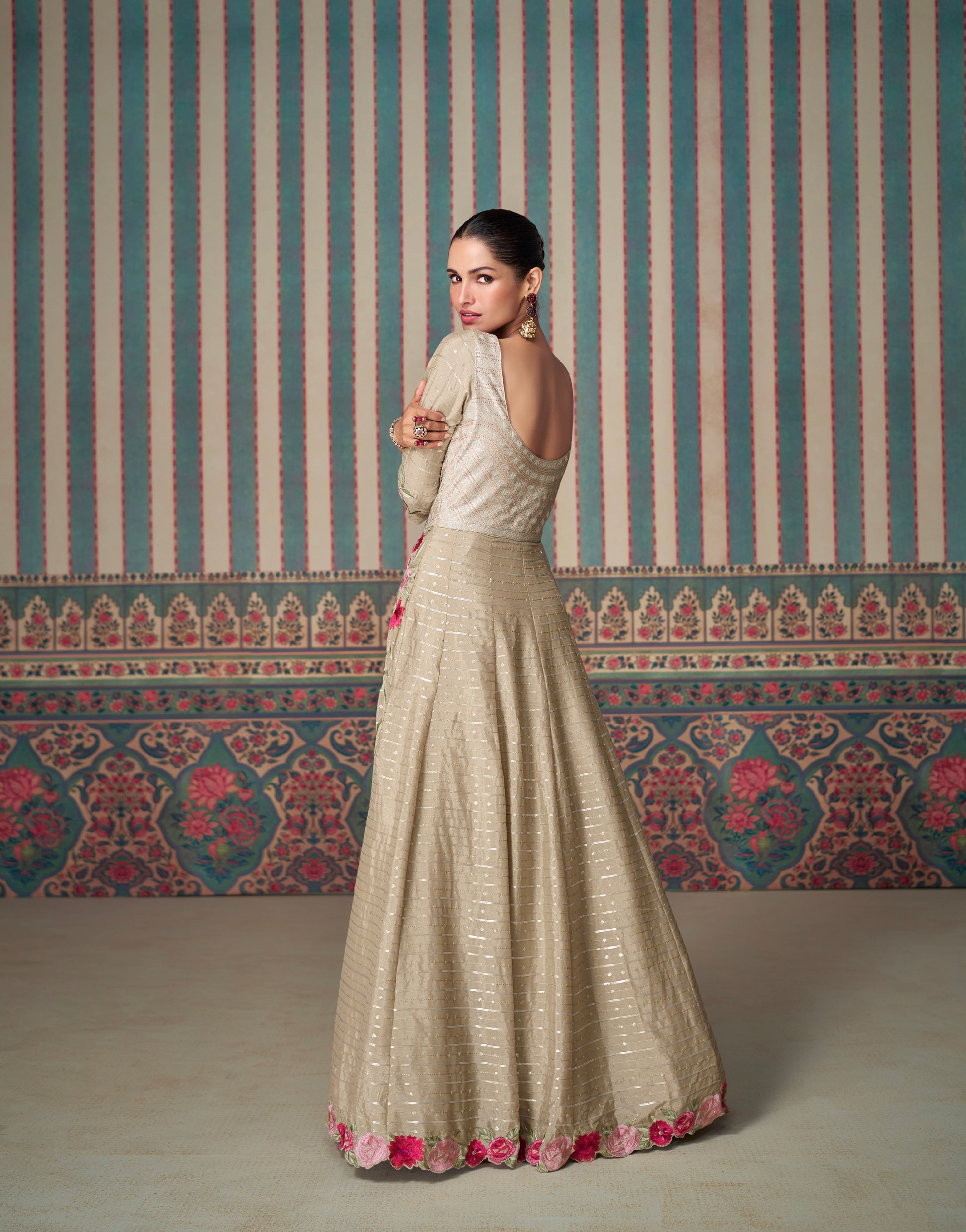 Beige Floral Embroidered Chinon Silk Anarkali Gown