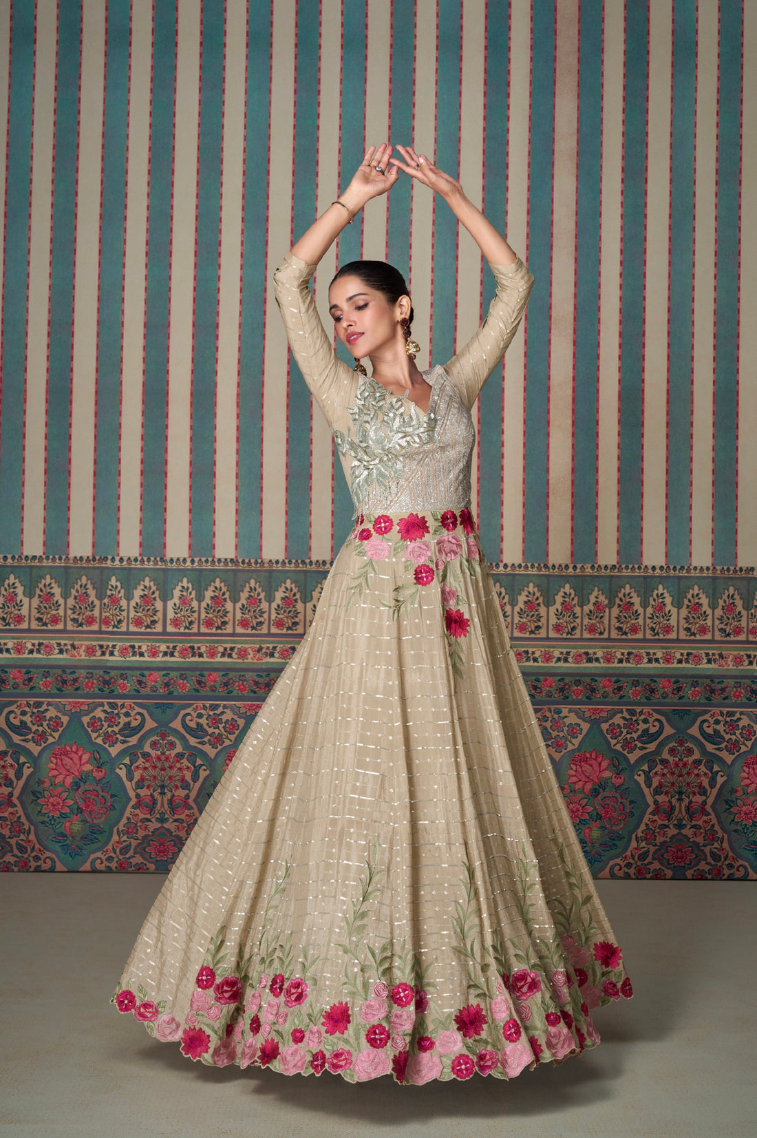 Beige Floral Embroidered Chinon Silk Anarkali Gown