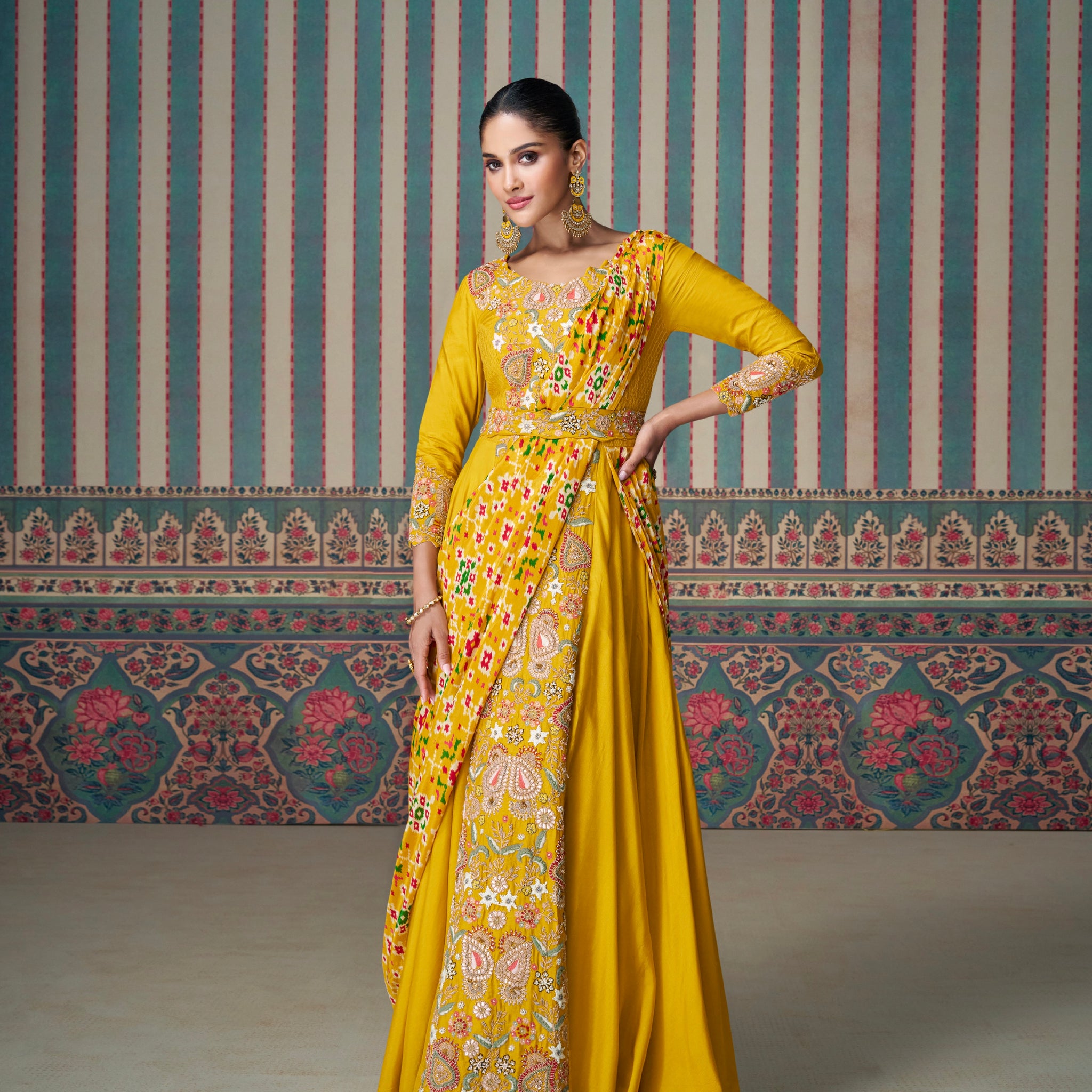 Yellow Embroidered Silk Anarkali Gown with Asymmetrical Draping