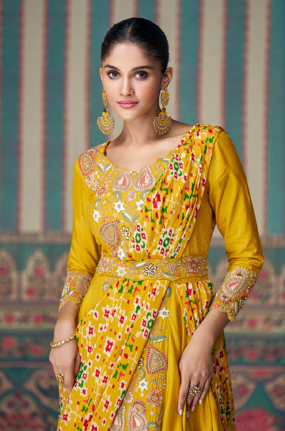 Yellow Embroidered Silk Anarkali Gown with Asymmetrical Draping