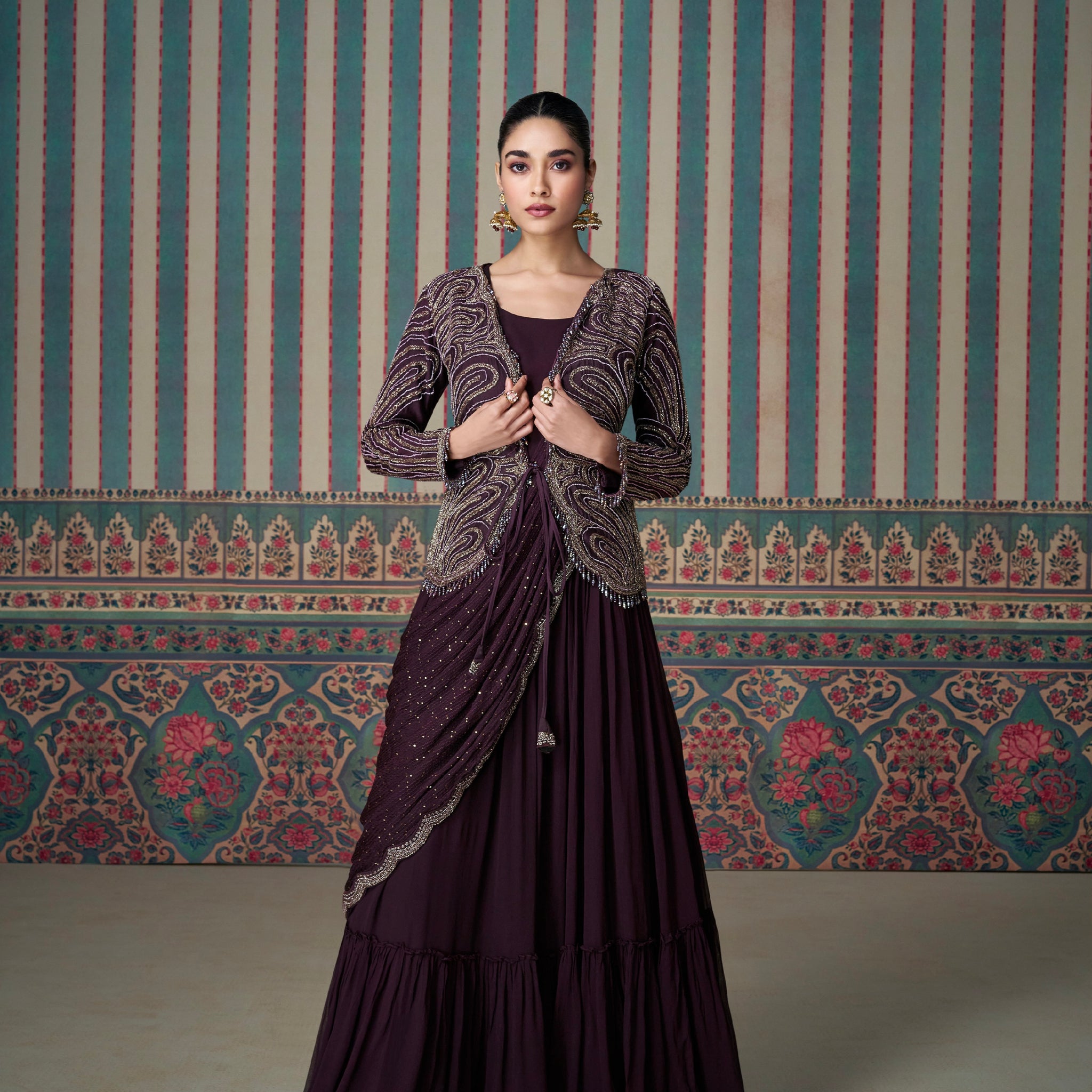 Deep Plum Embroidered Silk Gown with Elegant Long Jacket