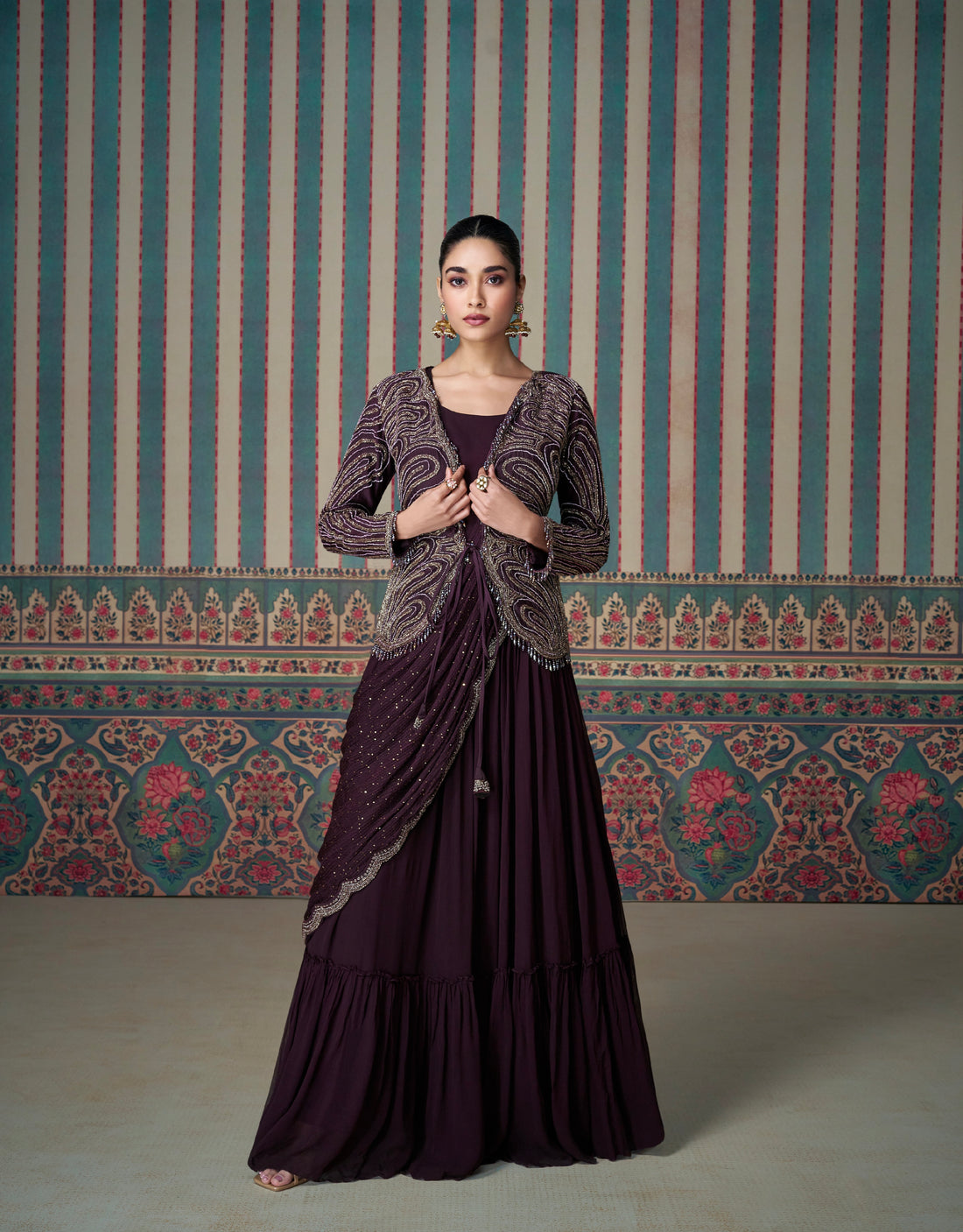 Deep Plum Embroidered Silk Gown with Elegant Long Jacket