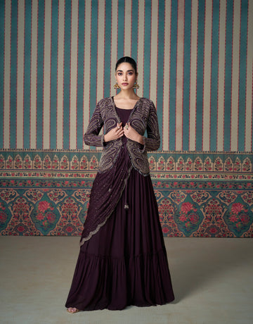 Deep Plum Embroidered Silk Gown with Elegant Long Jacket