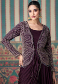 Deep Plum Embroidered Silk Gown with Elegant Long Jacket