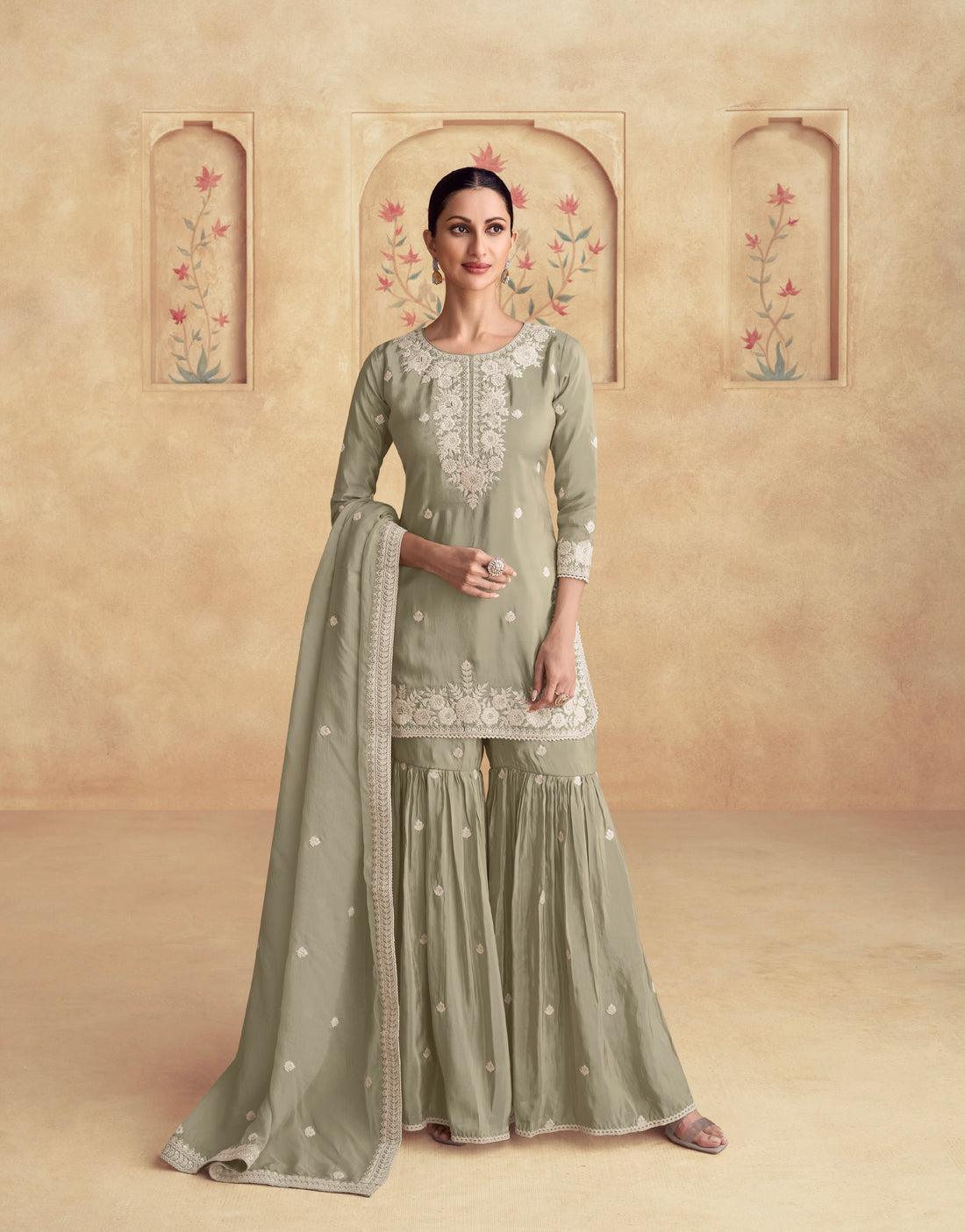 Sage Green Simar Silk Sharara Suit with Detailed Embroidery & Dupatta