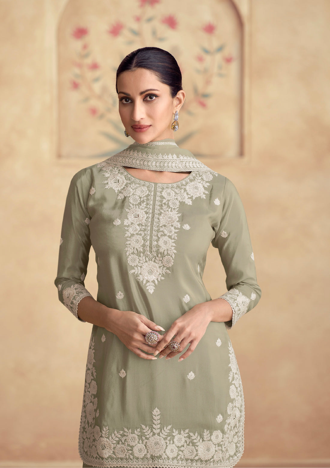 Sage Green Simar Silk Sharara Suit with Detailed Embroidery & Dupatta