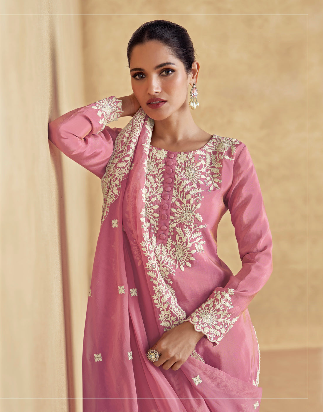 Rose Pink Simar Silk Sharara Suit with Elegant Embroidery and Dupatta