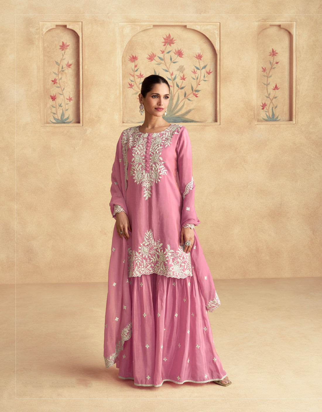 Rose Pink Simar Silk Sharara Suit with Elegant Embroidery and Dupatta