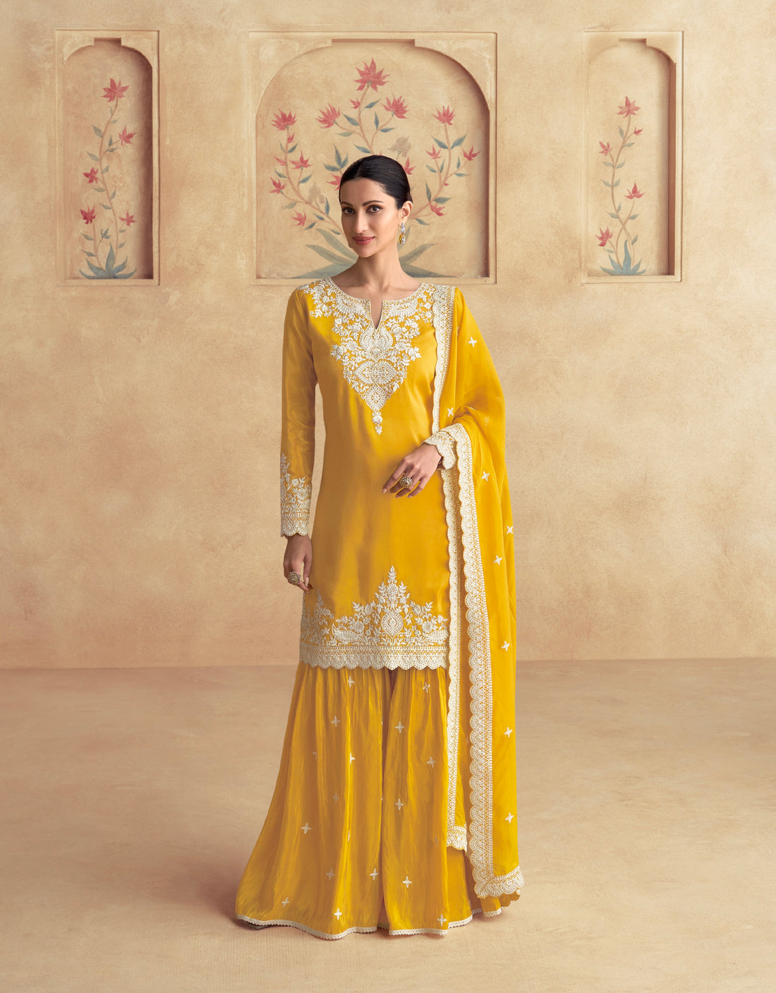 Yellow Simar Silk Sharara Suit with Intricate Embroidery & Dupatta