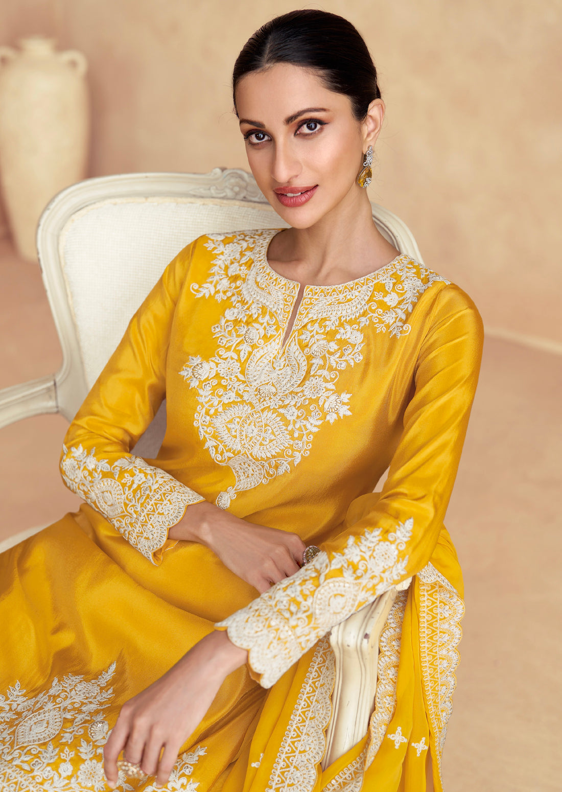 Yellow Simar Silk Sharara Suit with Intricate Embroidery & Dupatta