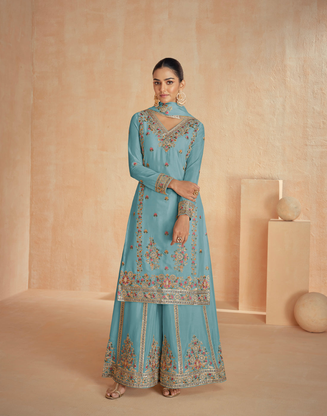 Teal Chinnon Silk Palazzo Suit with Detailed Embroidery