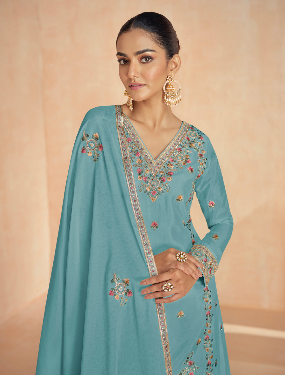 Teal Chinnon Silk Palazzo Suit with Detailed Embroidery