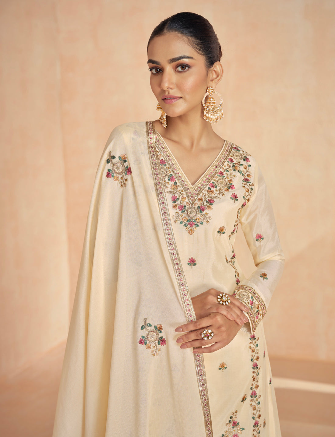 Cream Chinnon Silk Palazzo Suit with Delicate Embroidery