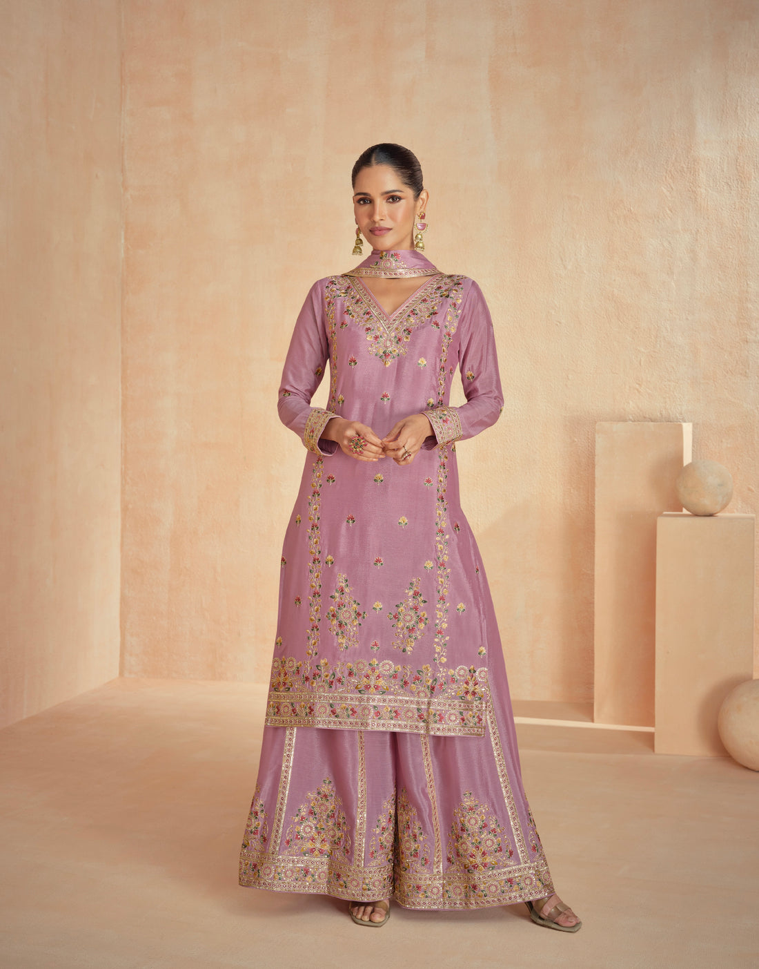 Mauve Chinnon Silk Palazzo Suit with Intricate Floral Motifs