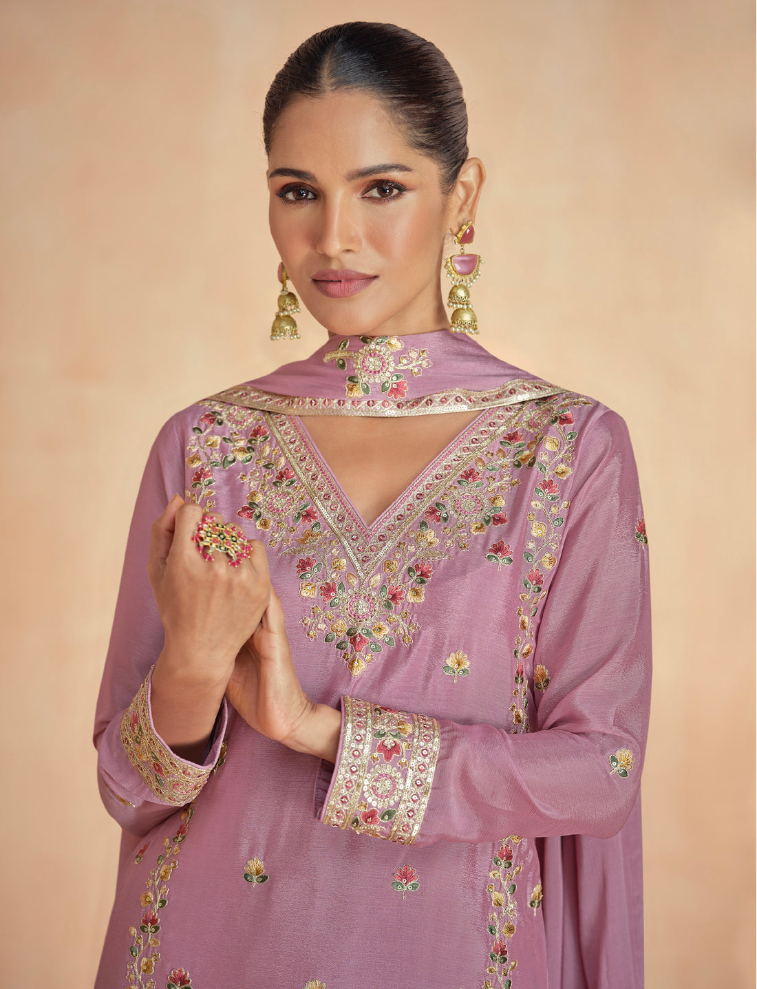 Mauve Chinnon Silk Palazzo Suit with Intricate Floral Motifs