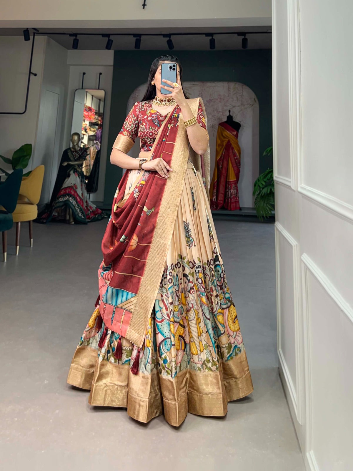 Kalamkari Dola Silk Print With Weaving Border Lehenga Choli