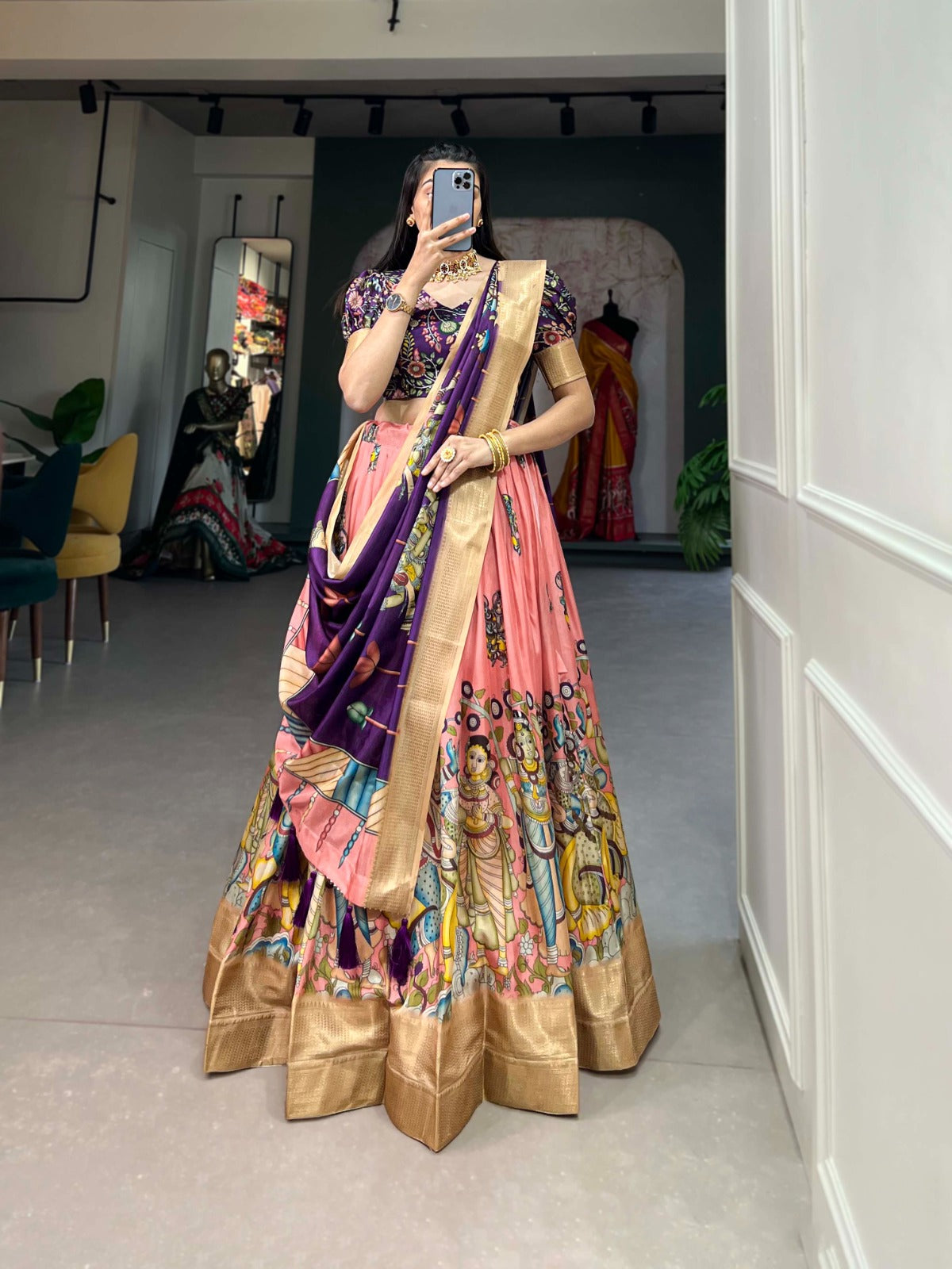 Kalamkari Dola Silk Print With Weaving Border Lehenga Choli