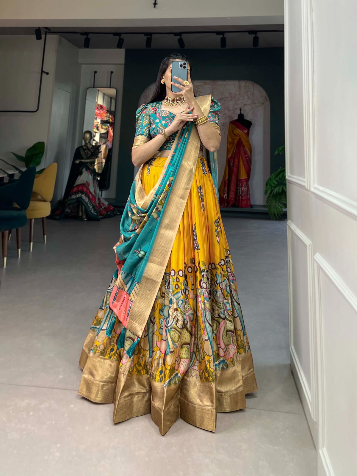 Kalamkari Dola Silk Print With Weaving Border Lehenga Choli