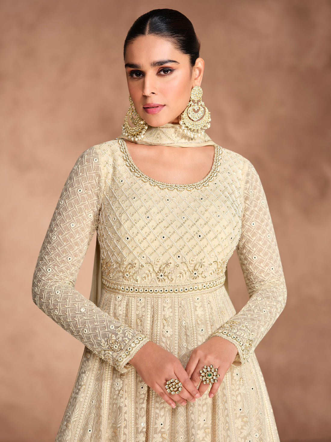 Off-White Georgette Anarkali Dress with Heavy Chikankari Embroidery