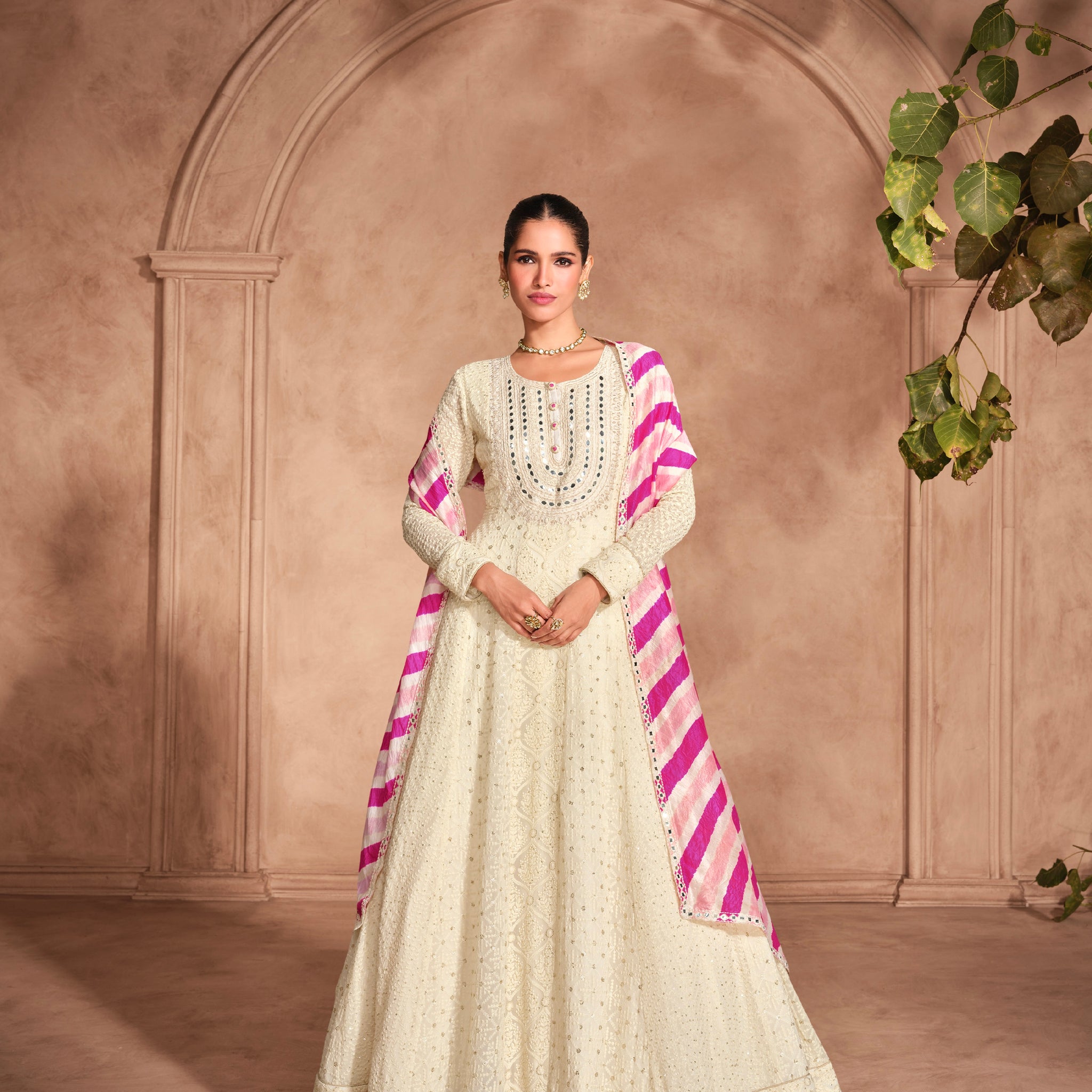 Ivory Anarkali Dress in Georgette with Striped Embroidered Dupatta