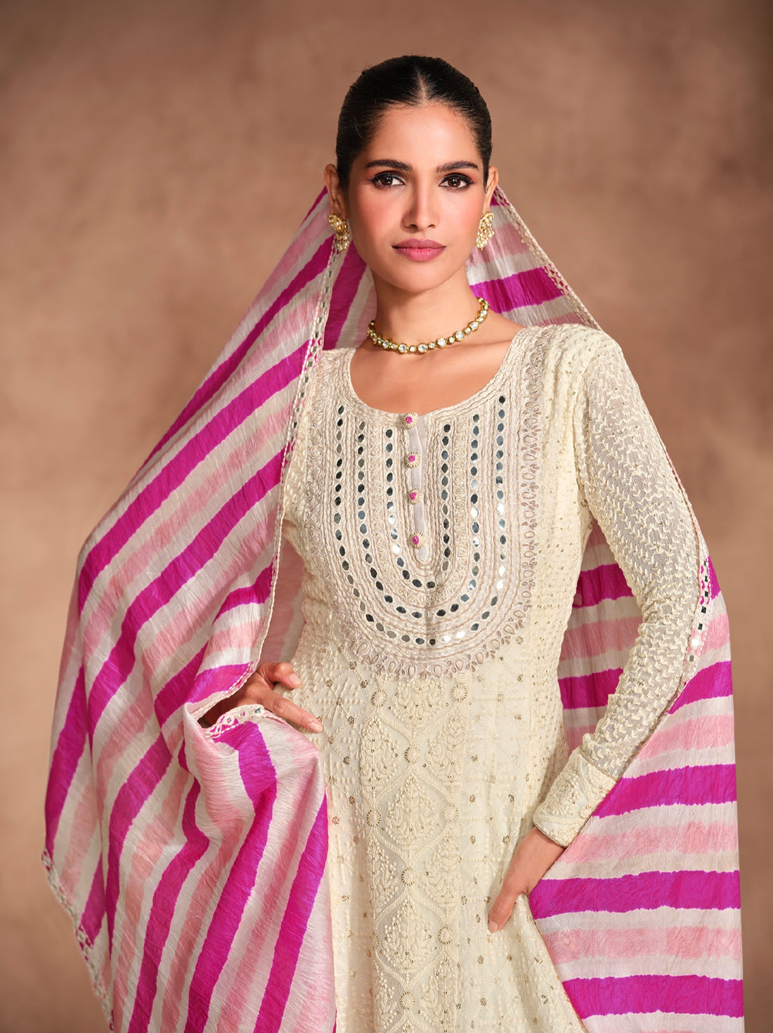 Ivory Anarkali Dress in Georgette with Striped Embroidered Dupatta