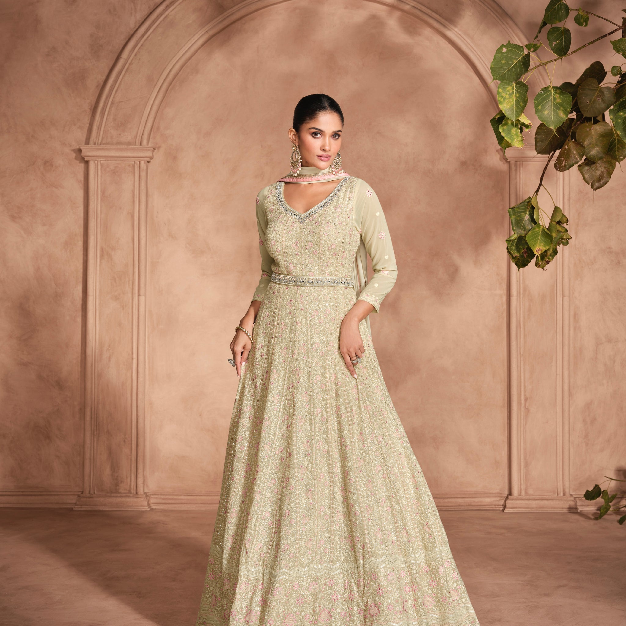 Green Chikankari Embroidered Georgette Anarkali Dress with Dupatta