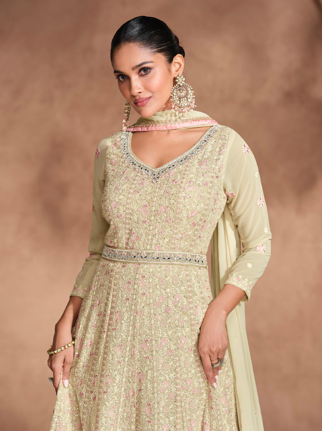 Green Chikankari Embroidered Georgette Anarkali Dress with Dupatta