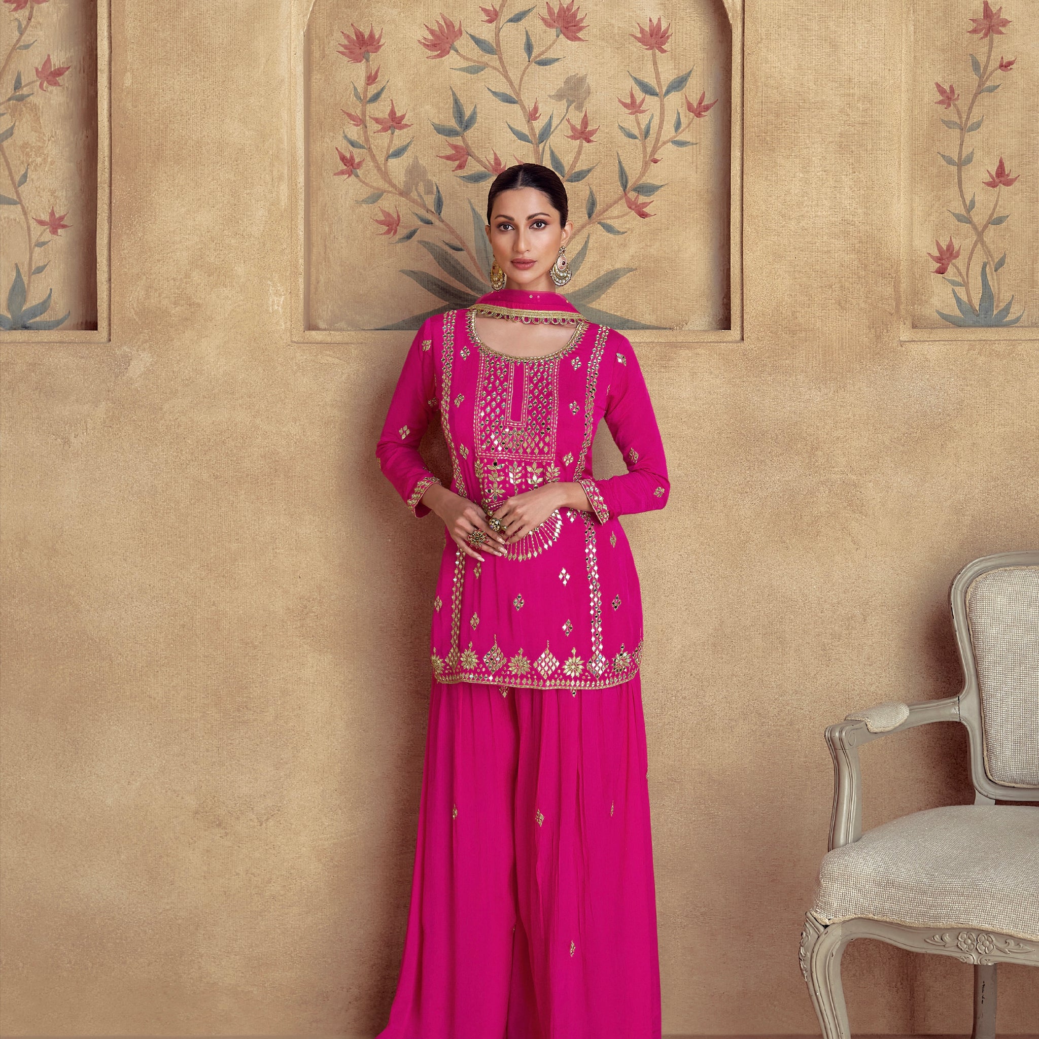 Pink Chinnon Silk Palazzo Suit with Net Dupatta & Intricate Embroidery