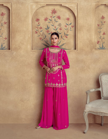 Pink Chinnon Silk Palazzo Suit with Net Dupatta & Intricate Embroidery