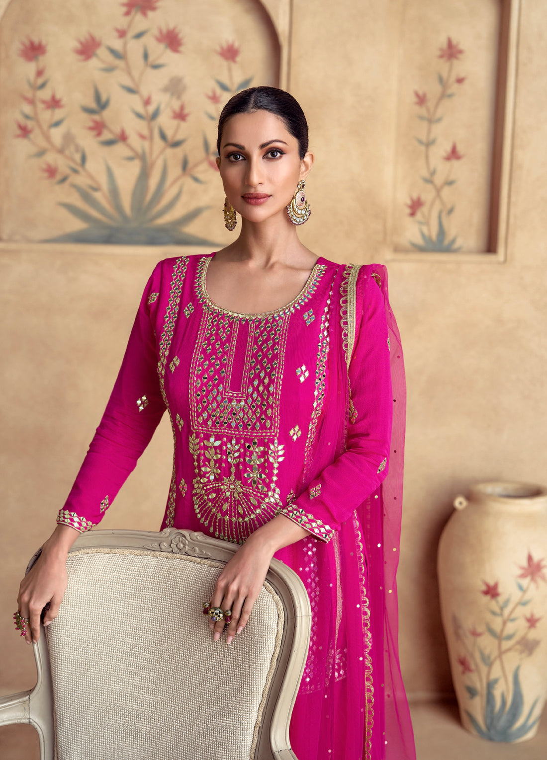 Pink Chinnon Silk Palazzo Suit with Net Dupatta & Intricate Embroidery