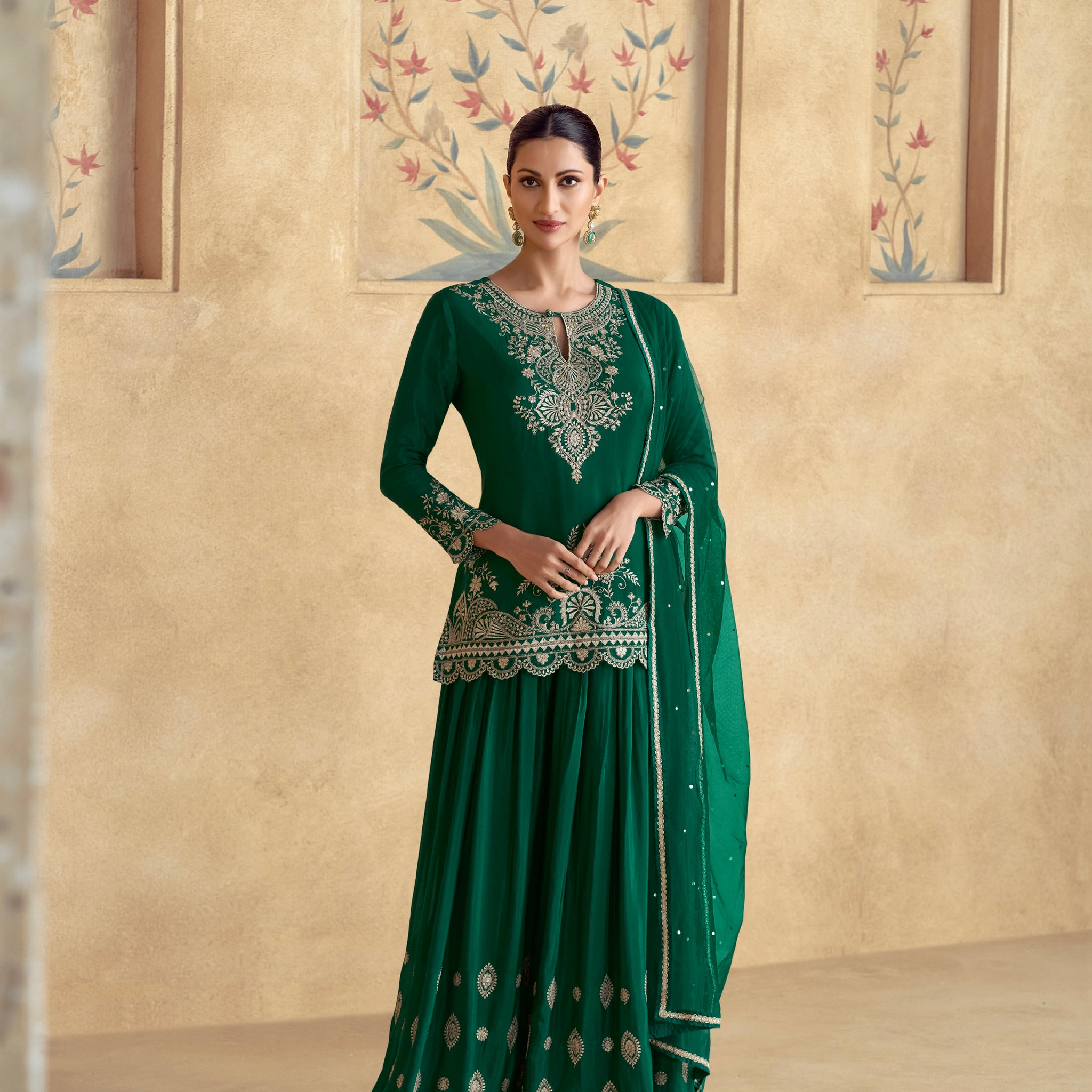 Green Chinnon Silk Palazzo Suit with Embroidered Dupatta