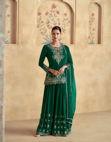 Green Chinnon Silk Palazzo Suit with Embroidered Dupatta