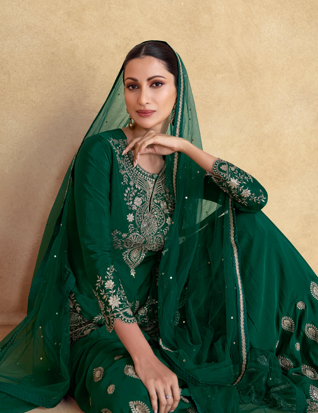 Green Chinnon Silk Palazzo Suit with Embroidered Dupatta