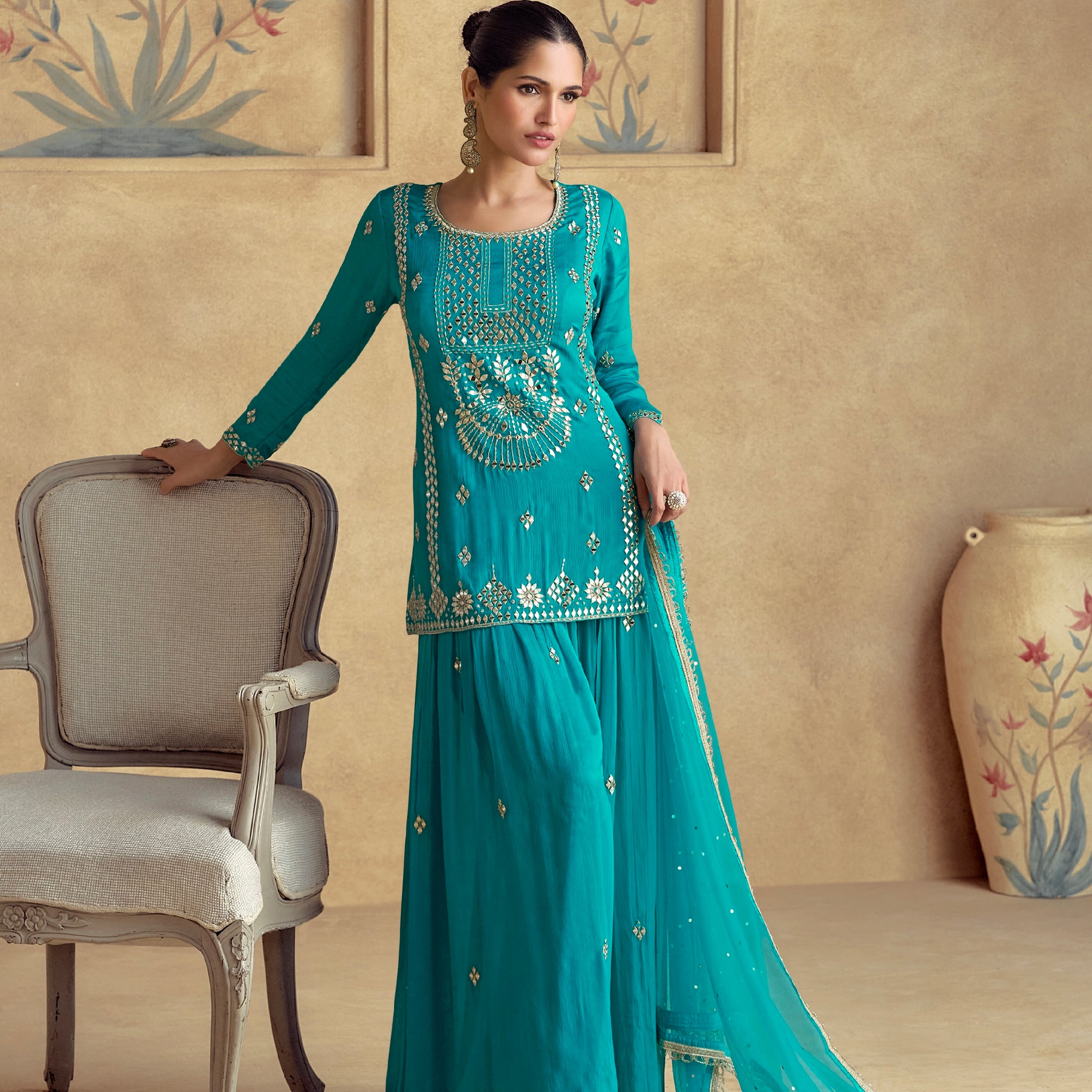 Chic Teal Chinnon Silk Palazzo Suit & Premium Net Embroidered Dupatta