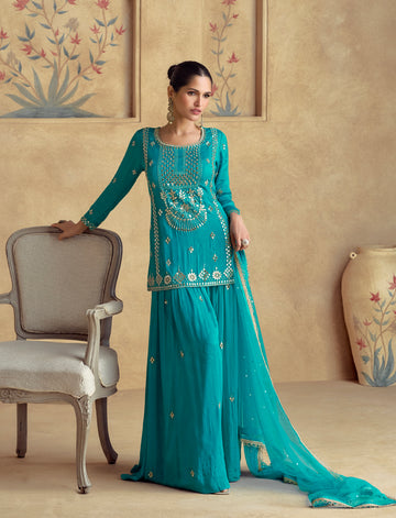 Chic Teal Chinnon Silk Palazzo Suit & Premium Net Embroidered Dupatta