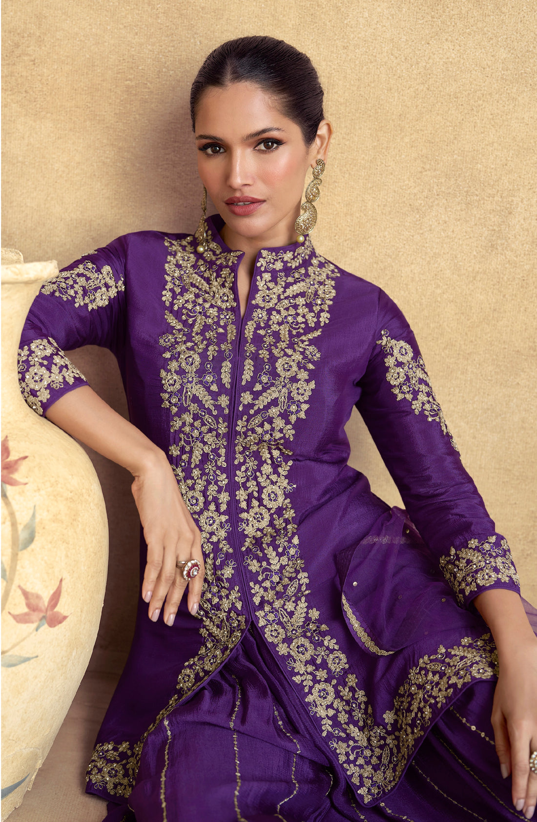 Purple Chinnon Silk Palazzo Suit with Premium Net Dupatta & Embroidery