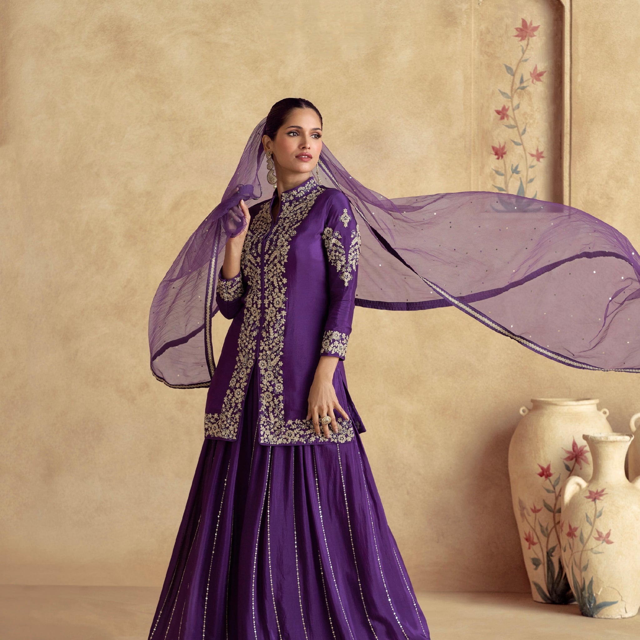 Purple Chinnon Silk Palazzo Suit with Premium Net Dupatta & Embroidery