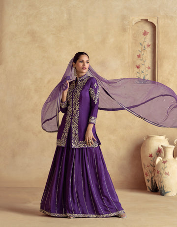 Purple Chinnon Silk Palazzo Suit with Premium Net Dupatta & Embroidery