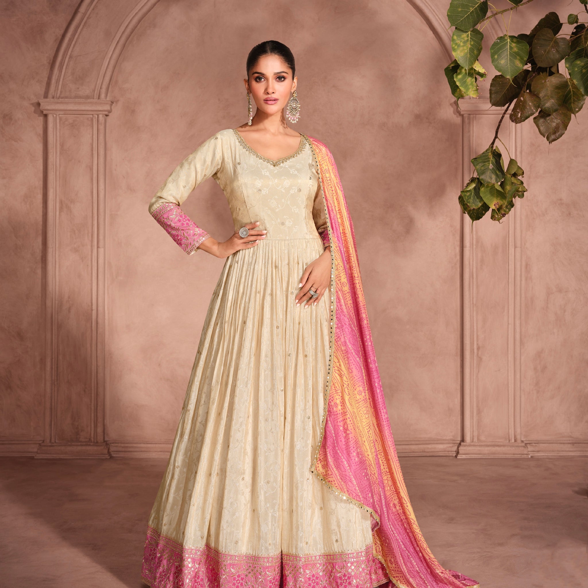 Beige Anarkali Suit with Pink Embroidery and Designer Bandhani Dupatta